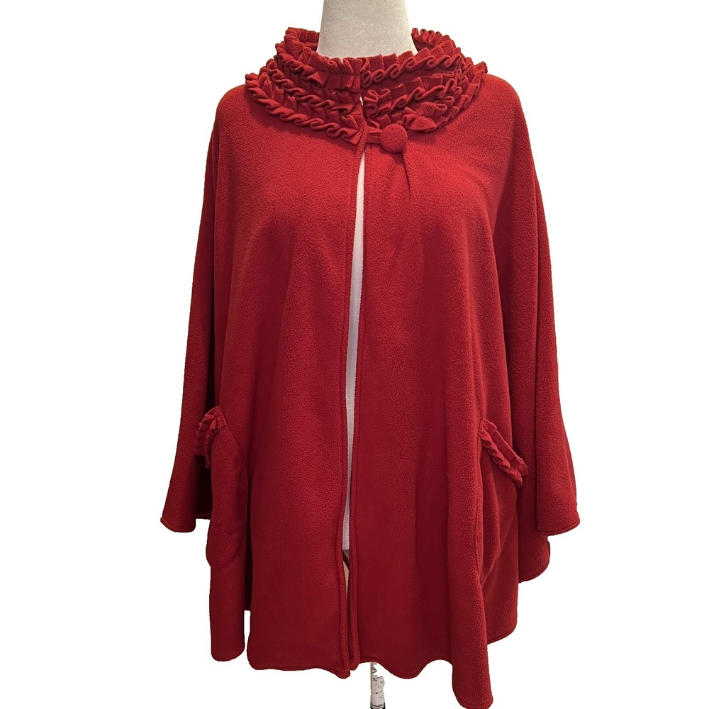 Le Moda Womens Fleece Cape Poncho OS Red Pocket Ruffles Christmas Travel Leisure